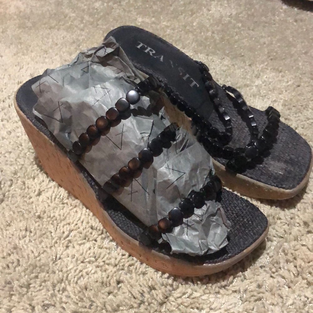 Black wedge sandals with cork sole . Size 8